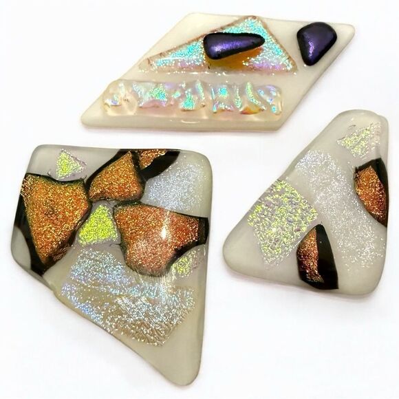White Dichroic Art Glass Pieces – Iridescent Copper, Violet & Gold Accents - Picture 3 of 17